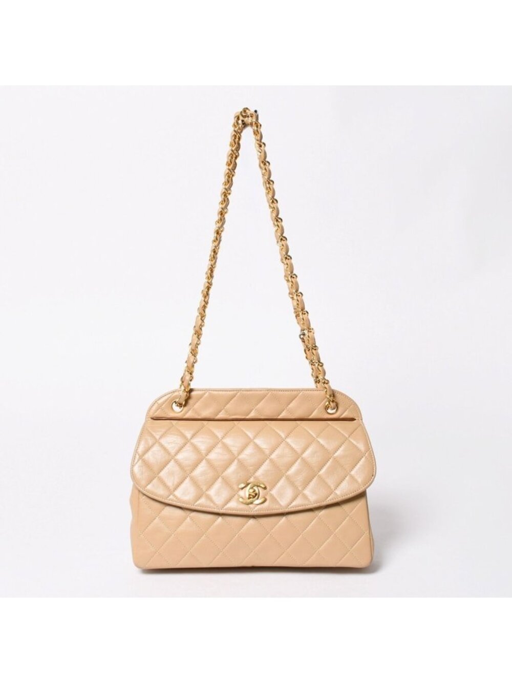 Chanel Quilted CC Logo Diana Flap Chain Shoulder Bag Beige Gold Lambskin